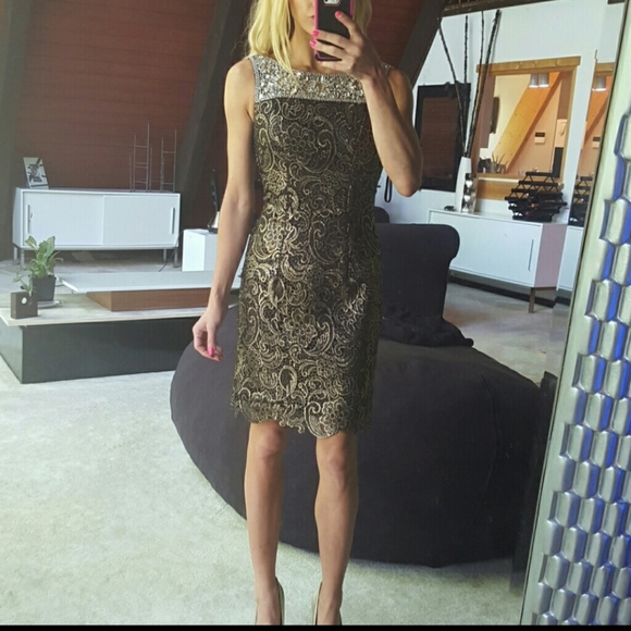 NARCES black gold lace short cocktail dress sz xs